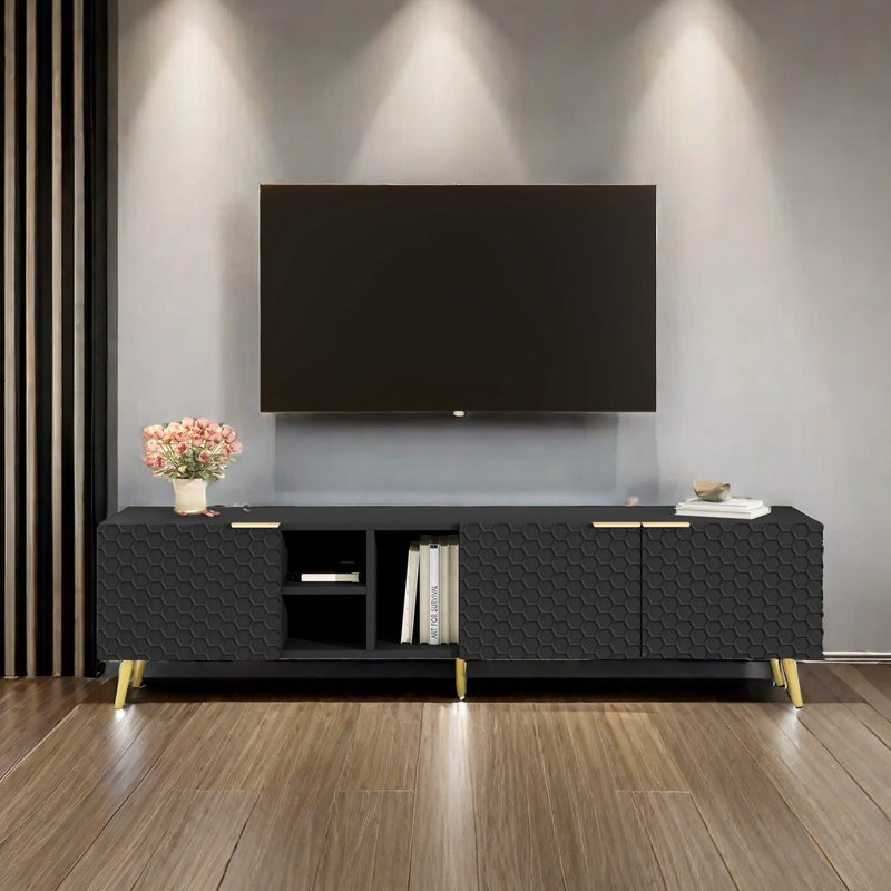 Mercer41 Modern Minimalist Geometric TV Cabinet With Metal Handles And Gold Legs For Tvs Up To 80 Multi Functional TV Stand With Storage Cabinets Entertainment Center For Living Room Wayfair